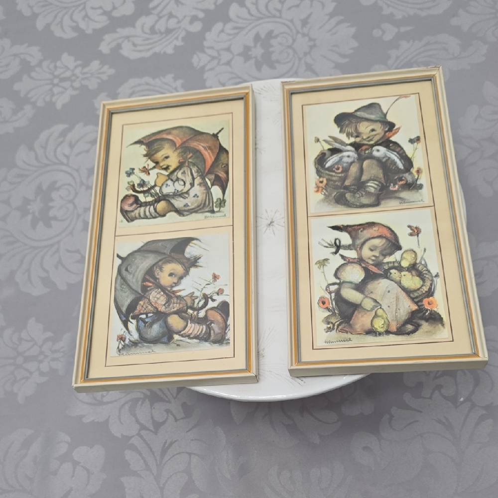 Vintage Hummel Made In Germany 2 Picture Frame Boy Girl Bunnies Chicks Umbrella